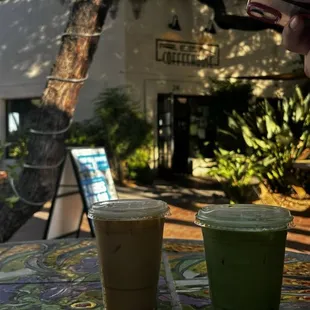 Iced Vanilla Latte and a Matcha Latte