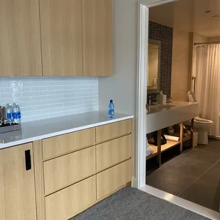 Countertop with the built in refrigerator at the bottom