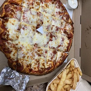 King pepperoni, basket of fries, side of jalapeños and some ranch.