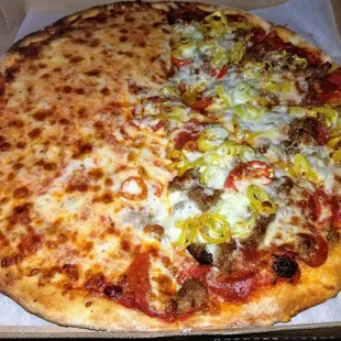 Half plain, half sausage, pepperoni, hot banana peppers.