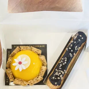 Exotic (left: pistachio crust w/ mango &amp; passion fruit mousse); Chocolate Eclair (right)!