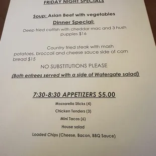 Dinner Specials menu