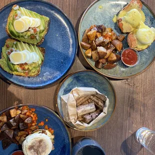 Brunch: Avocado Toast, breakfast sandwich, smoked salmon benedict, churros