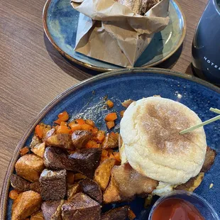 Breakfast sandwich and churros