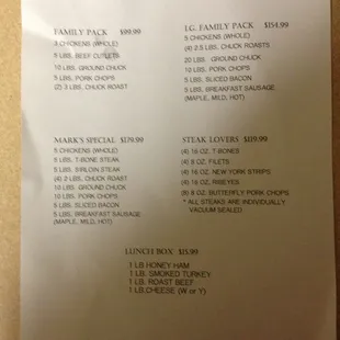 a menu for a family special