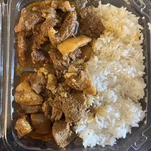 2 item combo with rice, mechado, and pork adobo