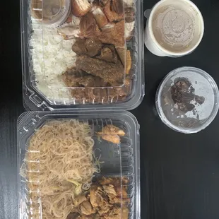 So good! Top: Rice, lechon kawali. Bottom: Pancit, chicken adobo. Sinigang soup.