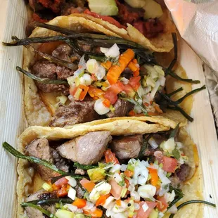 New York strip and gouda Pico tacos and campechana