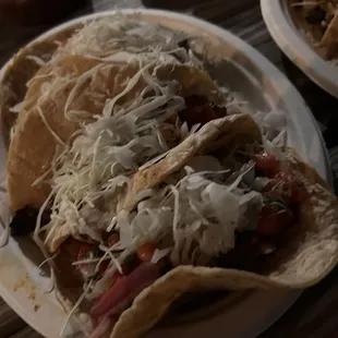 Oyster Mushrooms Taco, Pork Al Pastor Taco, rainbow trout taco, chile rileno taco, Flan.