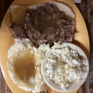 daily special of open-faced beef roast, potatoes with gravy, and coleslaw