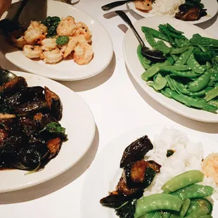 Eggplant with basil, salt and pepper prawns, and sautéed snap peas!