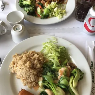 Mixed veggies with prawns, salad, brown rice, veggie spring roll, other dish with chow mein