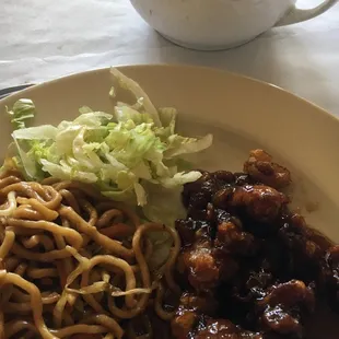 Orange beef with chowmein and eggplant appetizer lunch
