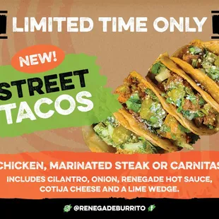 NEW Street Tacos! Only Available at the Arvada location for a limited time!!