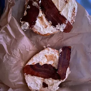 bacon and cream on a bagel