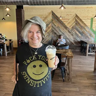 Diana enjoying blended Carmel Macchiato