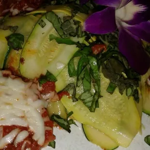 Eggplant Asiago &amp; Tomato Basil Sauce with ribboned Zucchini &amp; Squash and Fresh Basil.