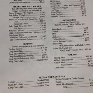 Dinner menu