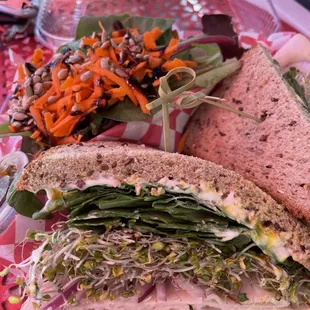 Dream Up Your Own Sandwich with sprouts, onion, avo, spinach, pickles and turkey! Absolutely delicious!