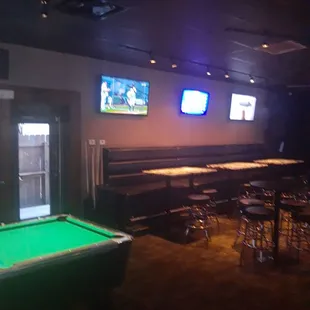 a pool table and televisions