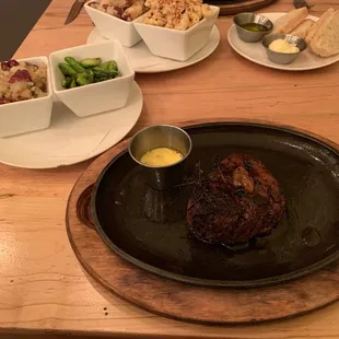 Filet mignon with red smashed potatoes and asparagus