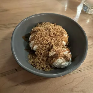 Brown Butter Crumble Dessert with vanilla ice cream.
