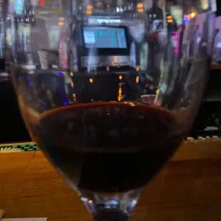 a glass of wine sitting on a table