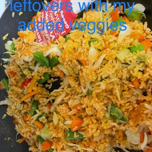 My vibrant veggies added to the leftovers from the restaurant.