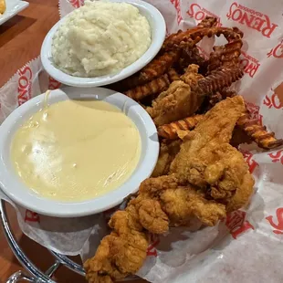 Chicken tenders, sweet potato fries, mashed potatoes