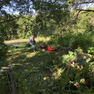 My friend helping clear the part of my yard that runs to the river.