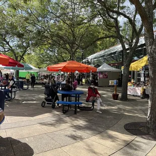 people sitting under umbrellas