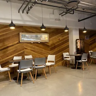 tables and chairs in a coffee shop