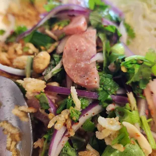 Minced issan sausage mixed with green onion, fresh chili, ginger, peanuts, crispy rice and lime juice