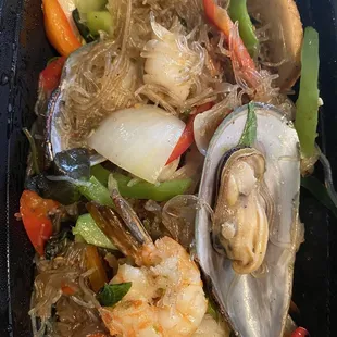 Seafood drunken noodles with vermicelli instead of the flat noodles