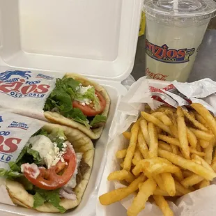 Two Traditional Gyros and Fries/Drink to make it a meal! So good!! Scarfed it down while kids played with dinosaurs