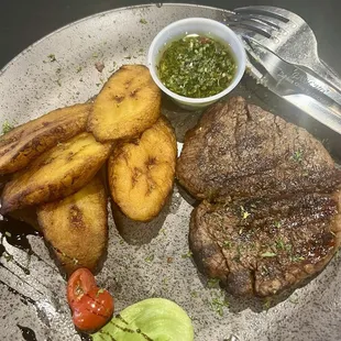 Butterfly Filet Mignon with Maduros and chimichurri