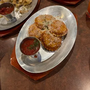 Toasted Ravioli, Calamari, and Caprese salad.