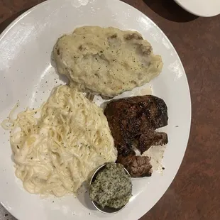 Petite Filet, garlic mashed potatoes and Alfredo over angel hair.