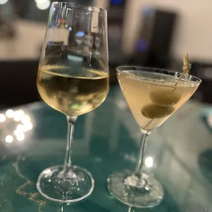 Some wine and dirty martini