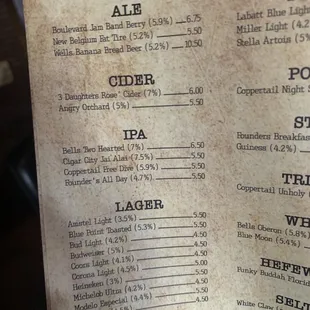 a menu for a beer