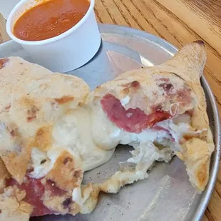 Calzone with Mushrooms &amp; Salami with their yummy sauce!