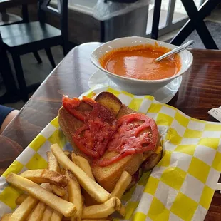 BLT Texas Toast Sandwich with fries and Tomato Bisque