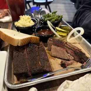 2 meat plate ribs and brisket. Green beans and potato salad.