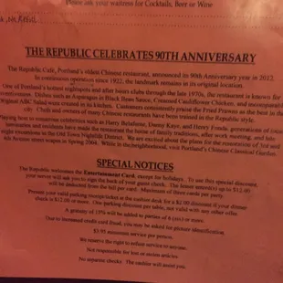 Menu with story on the restaurant