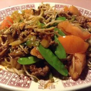 Beef tomato chow mein with pan fried noodles.