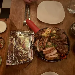 Fajitas- chicken, pulled pork, steak  Rice &amp; beans