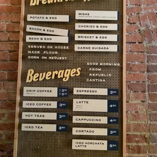 Breakfast tacos and coffee menu