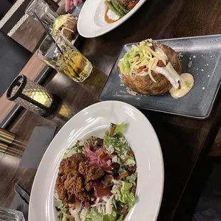 Bacon and bleu salad, loaded baked potatoes and the short rib