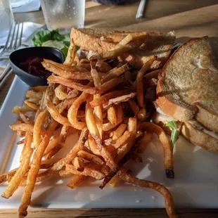 WOOD FIRED RIBEYE SANDWICH w/ sea salt shoestrings fries. Oh yeah, this thing slaps! So good...