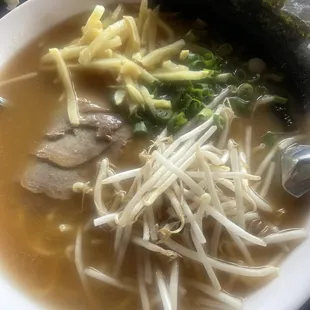 Miso Ramen with bamboo shoots, scallions, sprouts and seaweed